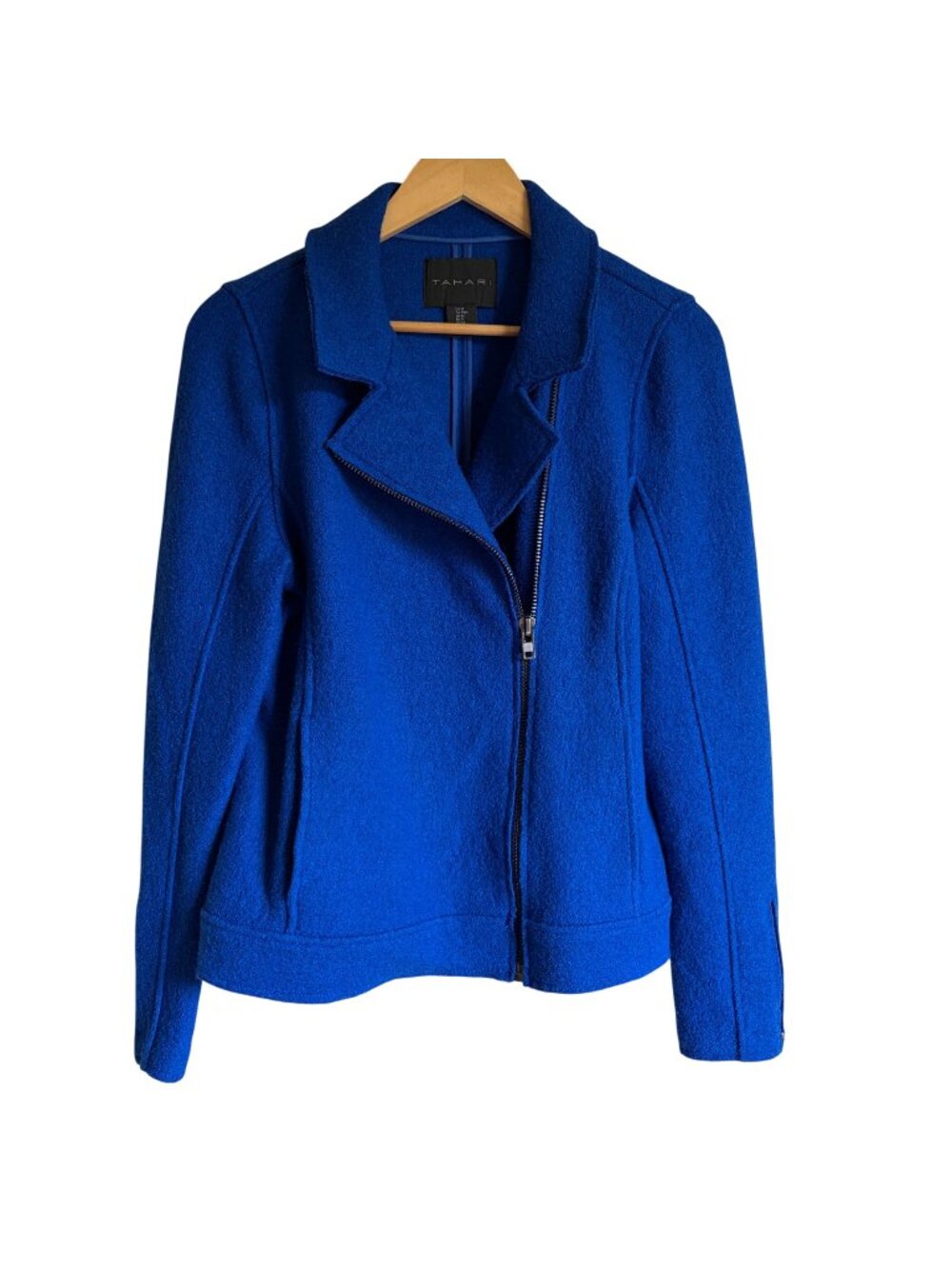 Tahari Boiled Wool Moto Jacket Cobalt Blue Size Medium